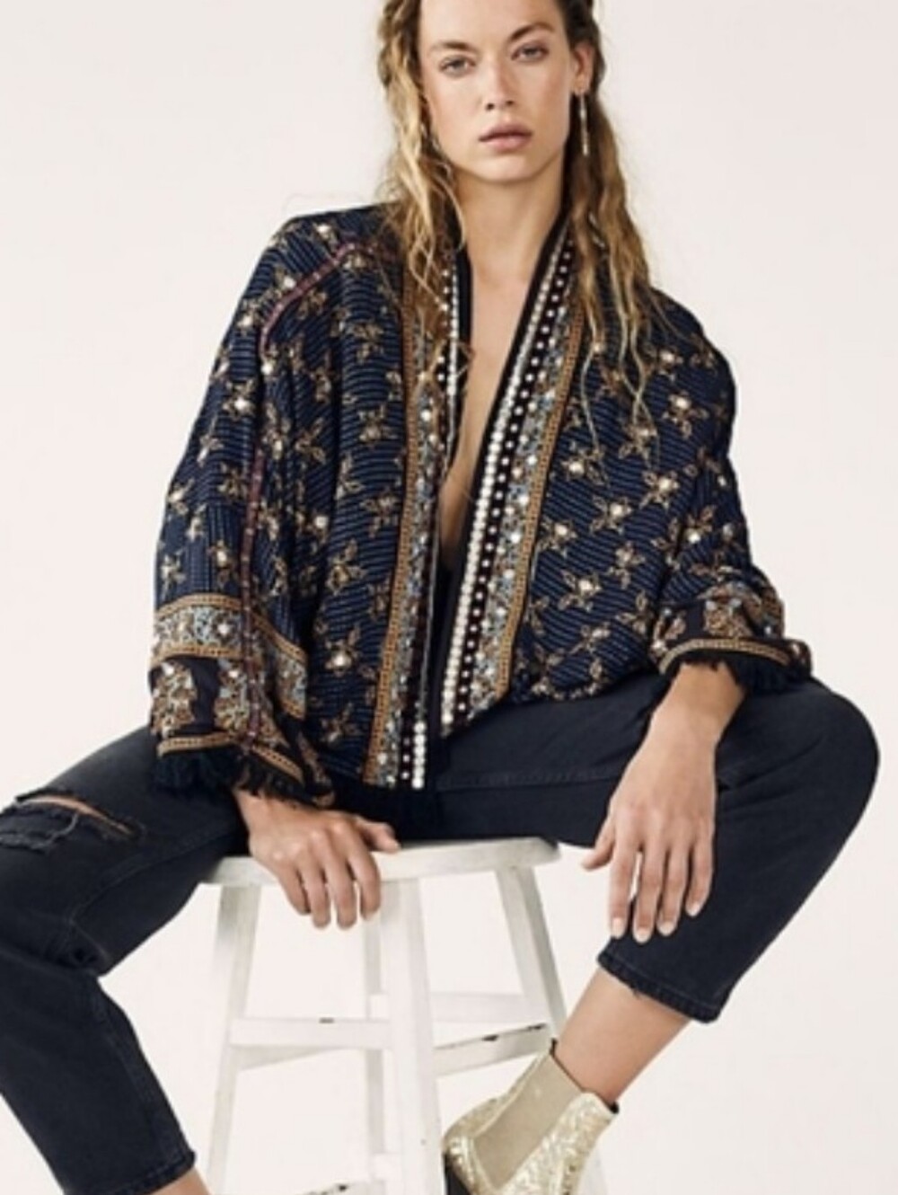 FREE PEOPLE Rays Of Light Flowy Gypsy Embellished Navy Boho Jacket NWT RARE